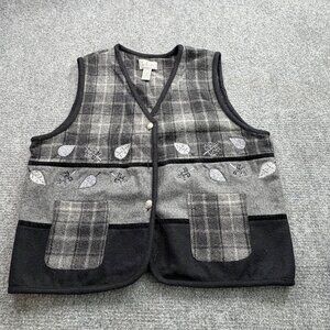 VTG Tantrums Vest Womens 2X Wool Blend Plaid Leaf‎ Embroidery & Pockets *Read